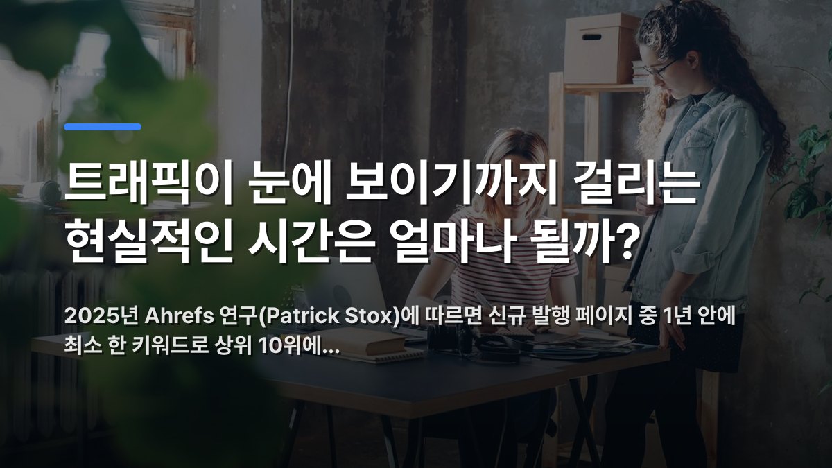 트래픽이 눈에 보이기까지 걸리는 현실적인 시간은 얼마나 될까? — 2025년 Ahrefs 연구(Patrick Stox)에 따르면 신규 발행 페이지 중 1년 안에 최소 한 키워드로 상위 10위에… · 배경 사진: Two women working together at a desk in a modern, plant-fille…